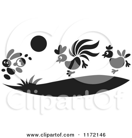 Cartoon of a Rooster and Hen Chasing an Easter Bunny 2 - Royalty Free Vector Clipart by Alex Bannykh