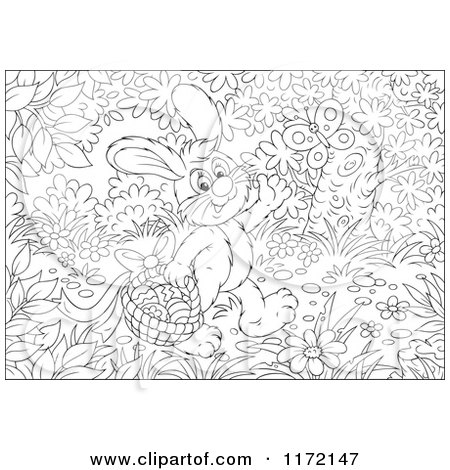 Cartoon of an Outlined Easter Bunny Waving and Carrying a Basket Through the Woods - Royalty Free Vector Clipart by Alex Bannykh