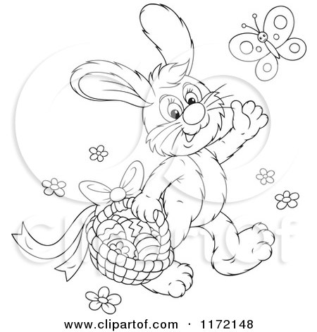 Cartoon of an Outlined Easter Bunny Waving and Carrying a Basket Under a Butterfly - Royalty Free Vector Clipart by Alex Bannykh