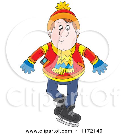 Cartoon of a Cautious Man Ice Skating - Royalty Free Vector Clipart by Alex Bannykh