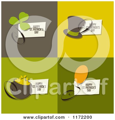 Clipart of Happy St Patricks Day Greetings with a Shamrock Hat Pot of Gold and Balloon - Royalty Free Vector Illustration by elena