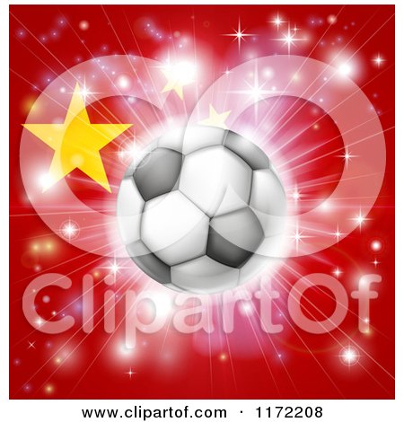 Clipart of a Soccer Ball over a Chinese Flag with Fireworks - Royalty Free Vector Illustration by AtStockIllustration
