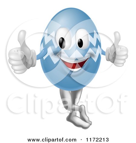 Cartoon of a Blue Zig Zag Easter Egg Mascot Holding Two Thumbs up - Royalty Free Vector Clipart by AtStockIllustration