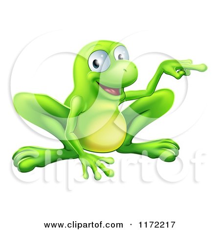 Cartoon of a Happy Green Frog Crouching and Pointing to the Side - Royalty Free Vector Clipart by AtStockIllustration
