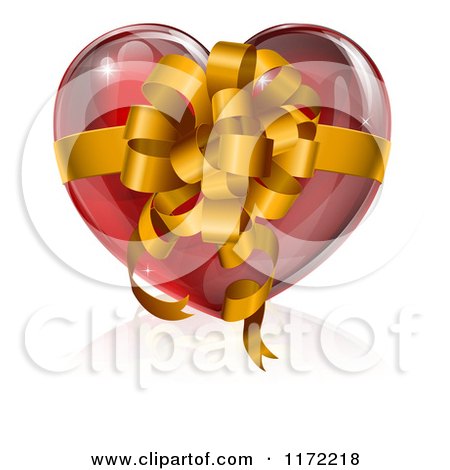 Clipart of a 3d Glossy Red Heart with a Gold Bow and Ribbon - Royalty Free Vector Illustration by AtStockIllustration