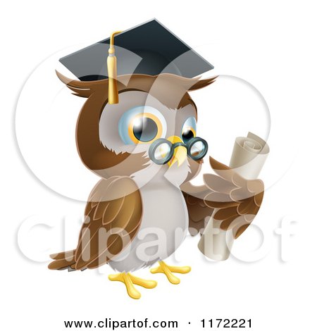 Cartoon of a Professor Owl Wearing a Graduation Cap and Holding a Certificate - Royalty Free Vector Clipart by AtStockIllustration