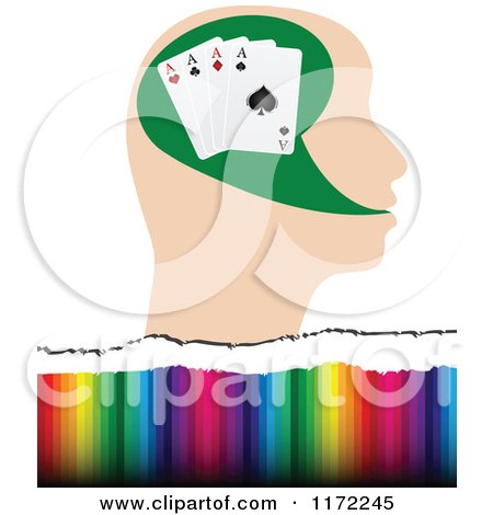 Clipart of a Poker Player Head with Four Aces over Colors - Royalty Free Vector Illustration by Andrei Marincas