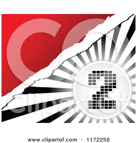 Clipart of a Pixel Number 2 over Black and White Rays and Torn Paper on Red - Royalty Free Vector Illustration by Andrei Marincas