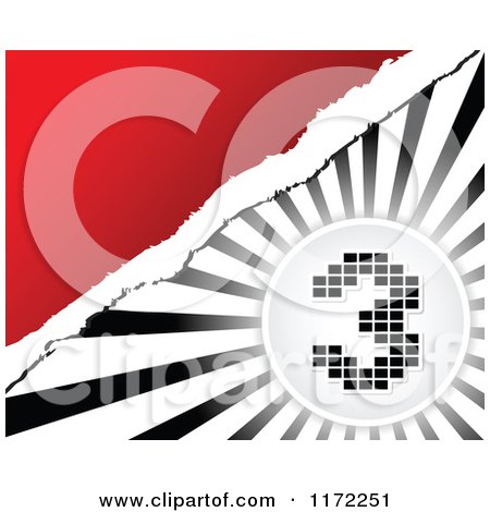 Clipart of a Pixel Number 3 over Black and White Rays and Torn Paper on Red - Royalty Free Vector Illustration by Andrei Marincas