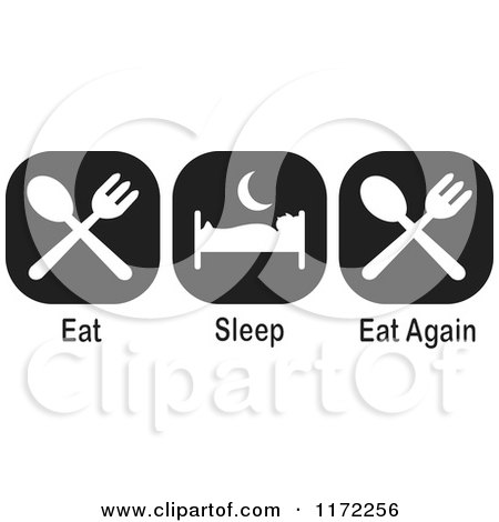 Clipart of Black and White Eat Sleep Eat Again Icons - Royalty Free Illustration by Johnny Sajem