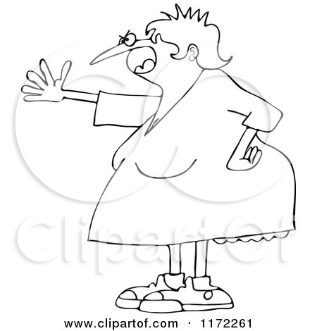 Cartoon of an Outlined Mad Woman Shouting and Holding out an Arm - Royalty Free Vector Clipart by djart