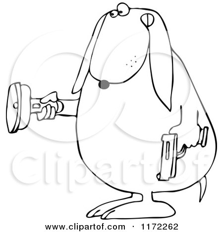 Cartoon of an Outlined Guard Dog Holding a Gun and Flashlight - Royalty Free Vector Clipart by djart