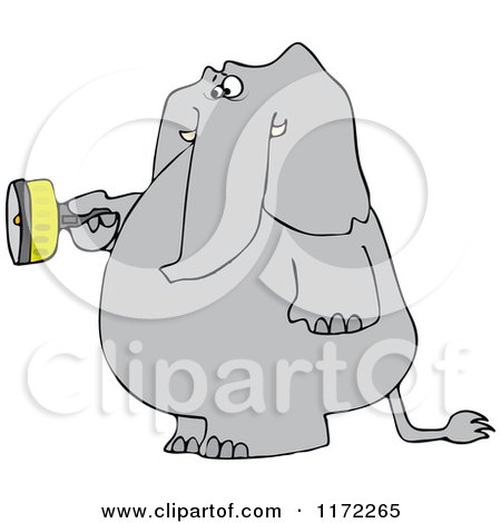 Cartoon of an Elephant Standing and Using a Flashlight - Royalty Free Vector Clipart by djart
