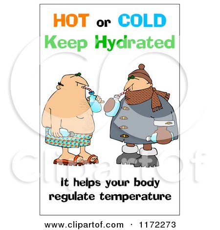 Cartoon of a Keep Hydrated Warning with Men Drinking Water - Royalty Free Clipart by djart