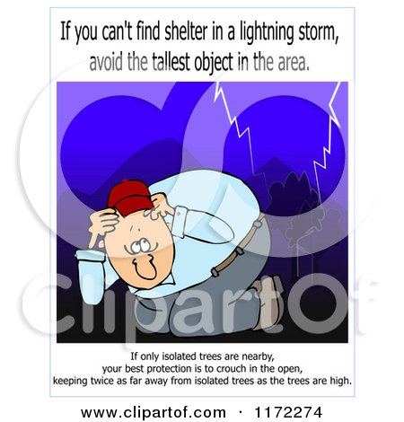 Cartoon of a Man Ducking in a Lightning Storm with Warning Text - Royalty Free Clipart by djart