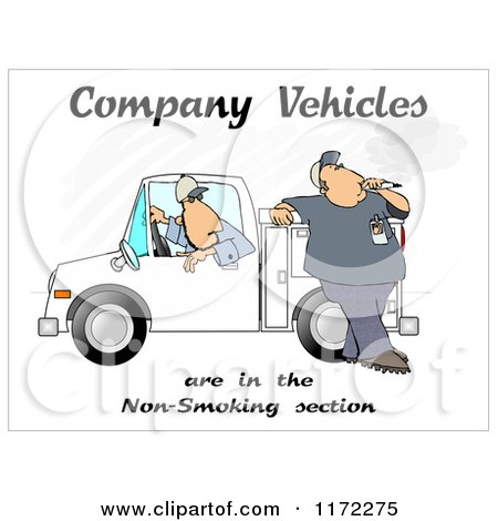 Cartoon of a Man Smoking by a Work Vehicle with Text - Royalty Free Clipart by djart