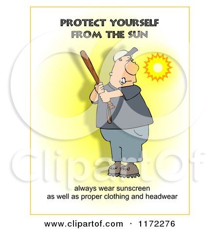 Cartoon of a Sunscreen Warning and a Man Batting - Royalty Free Clipart by djart