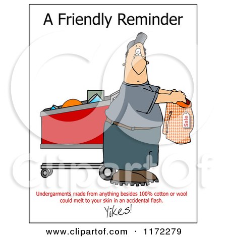 Cartoon of a Man Holding Underware with a Fabric Warning - Royalty Free Clipart by djart