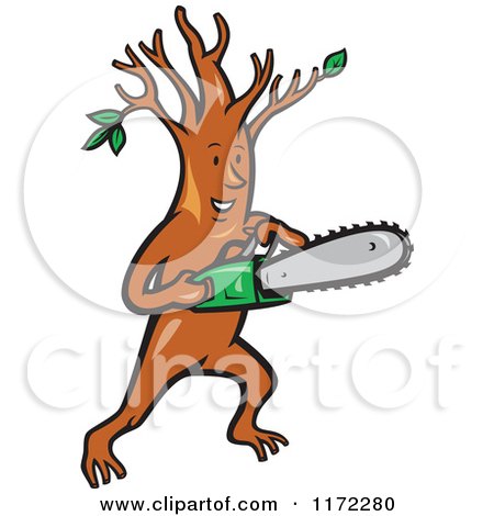 Clipart of a Happy Arborist Tree Holding a Saw - Royalty Free Vector Illustration by patrimonio