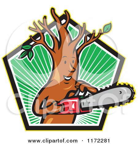 Clipart of a Happy Arborist Tree Holding a Saw in a Pentagon of Green Rays - Royalty Free Vector Illustration by patrimonio