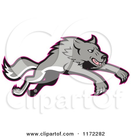 Clipart of a Gray Wolf Leaping, with a Red Outline - Royalty Free Vector Illustration by patrimonio