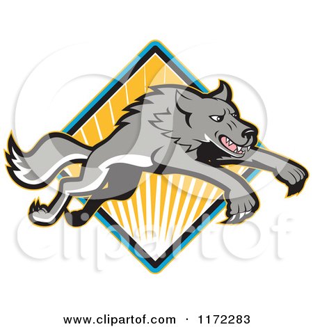 Clipart of a Gray Wolf Leaping over a Diamond of Rays - Royalty Free Vector Illustration by patrimonio
