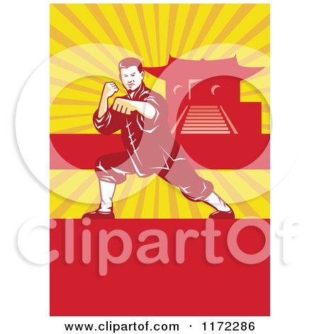 Clipart of a Shaolin Kung Fu Martial Artist in a Fighting Stance with Rays Copyspace and a Pagoda - Royalty Free Vector Illustration by patrimonio