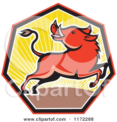 Clipart of a Razorback Boar Leaping and Looking Back in a Sunset Heptagon - Royalty Free Vector Illustration by patrimonio