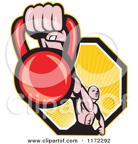 Clipart of a Muscular Man Holding out a Kettlebell over a Hexagon of Rays - Royalty Free Vector Illustration by patrimonio