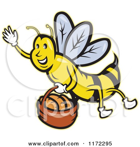 Clipart of a Waving Bee Flying with a Basket of Bread - Royalty Free Vector Illustration by patrimonio