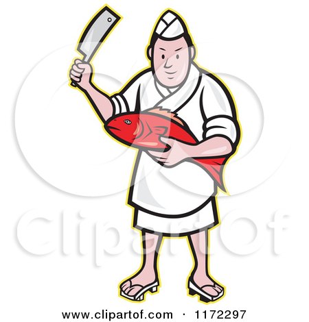 Clipart of a Japanese Fishmonger or Chef Holding a Fish and Knife - Royalty Free Vector Illustration by patrimonio
