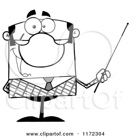 Cartoon of a Happy Grayscale Businessman or Professor Holding a Pointer Stick - Royalty Free Vector Clipart by Hit Toon