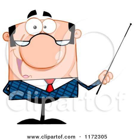 Cartoon of a Happy Caucasian Businessman or Professor Holding a Pointer Stick - Royalty Free Vector Clipart by Hit Toon