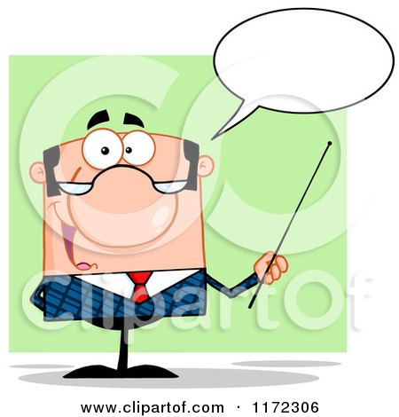 Cartoon of a Talking Caucasian Businessman or Professor Holding a Pointer Stick, over Green - Royalty Free Vector Clipart by Hit Toon