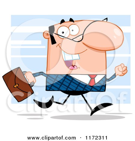 Cartoon of a Happy White Businessman Running with His Briefcase, over Blue - Royalty Free Vector Clipart by Hit Toon