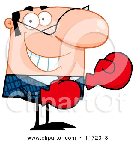 Cartoon of a Grinning Caucasian Businessman Wearing Boxing Gloves - Royalty Free Vector Clipart by Hit Toon
