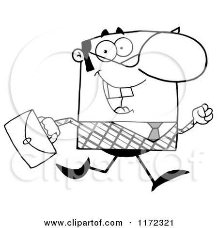 Cartoon of a Happy Grayscale Businessman Running with His Briefcase - Royalty Free Vector Clipart by Hit Toon