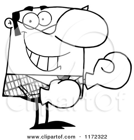 Cartoon of a Grinning Grayscale Businessman Wearing Boxing Gloves - Royalty Free Vector Clipart by Hit Toon