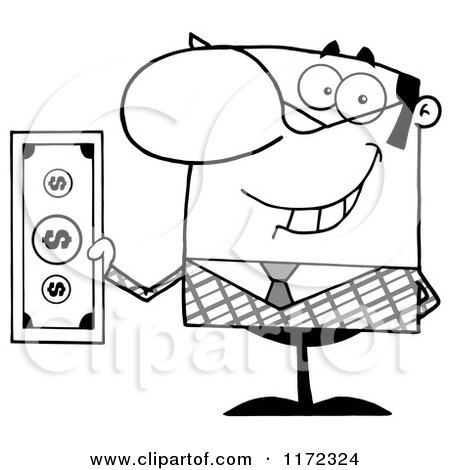 Cartoon of a Smiling Grayscale Businessman Holding Cash and One Hand Behind His Back - Royalty Free Vector Clipart by Hit Toon