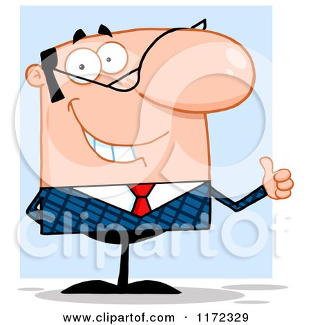 Cartoon of a Pleased White Businessman Holding a Thumb up and Smiling, over Blue - Royalty Free Vector Clipart by Hit Toon