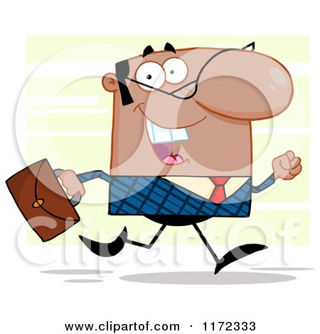 Cartoon of a Happy African, Indian or Hispanic Businessman Running with His Briefcase, over Green - Royalty Free Vector Clipart by Hit Toon