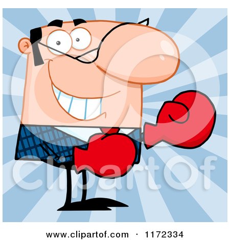 Cartoon of a Grinning Caucasian Businessman Wearing Boxing Gloves over Blue Rays - Royalty Free Vector Clipart by Hit Toon