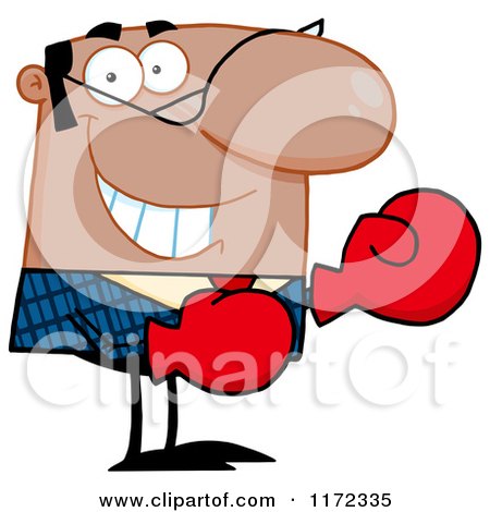 Cartoon of a Grinning Black Hispanic or Indian Businessman Wearing Boxing Gloves - Royalty Free Vector Clipart by Hit Toon