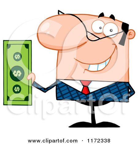 Cartoon of a Smiling Caucasian Businessman Holding Cash and One Hand Behind His Back - Royalty Free Vector Clipart by Hit Toon