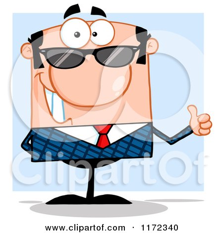 Cartoon of a Happy White Businessman Wearing Sunglasses and Holding a Thumb Up, over Blue - Royalty Free Vector Clipart by Hit Toon