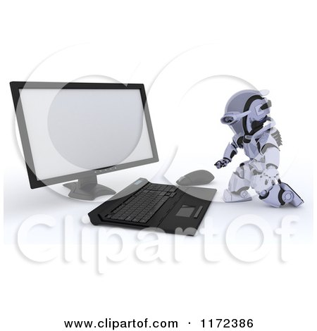 Clipart of a 3d Robot Reaching for a Computer Mouse - Royalty Free CGI Illustration by KJ Pargeter