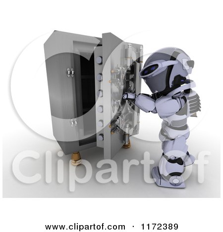 Clipart of a 3d Robot Opening a Vault - Royalty Free CGI Illustration by KJ Pargeter