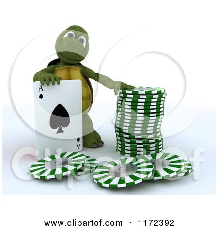 Clipart of a 3d Tortoise Standing with a Playing Card and Poker Chips - Royalty Free CGI Illustration by KJ Pargeter
