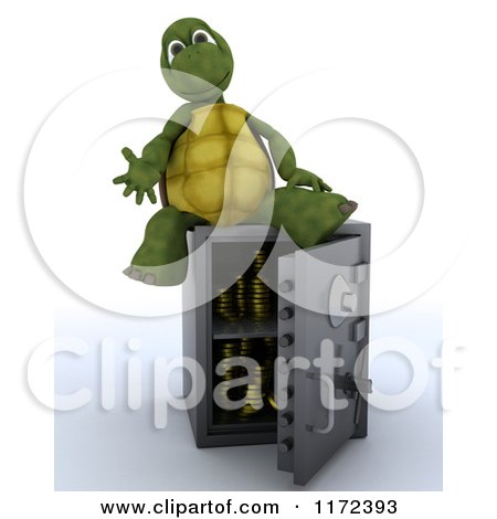 Clipart of a 3d Tortoise Sitting on an Open Safe Vault - Royalty Free CGI Illustration by KJ Pargeter