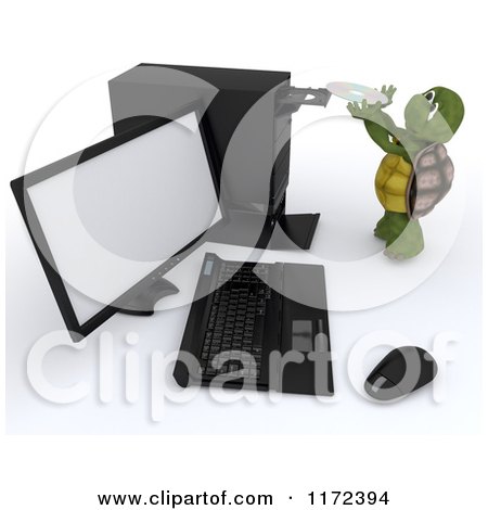 Clipart of a 3d Tortoise Putting a Software Disk in a Computer - Royalty Free CGI Illustration by KJ Pargeter